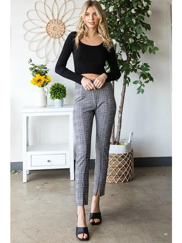 Plaid Straight Fit Pants with Front Slit