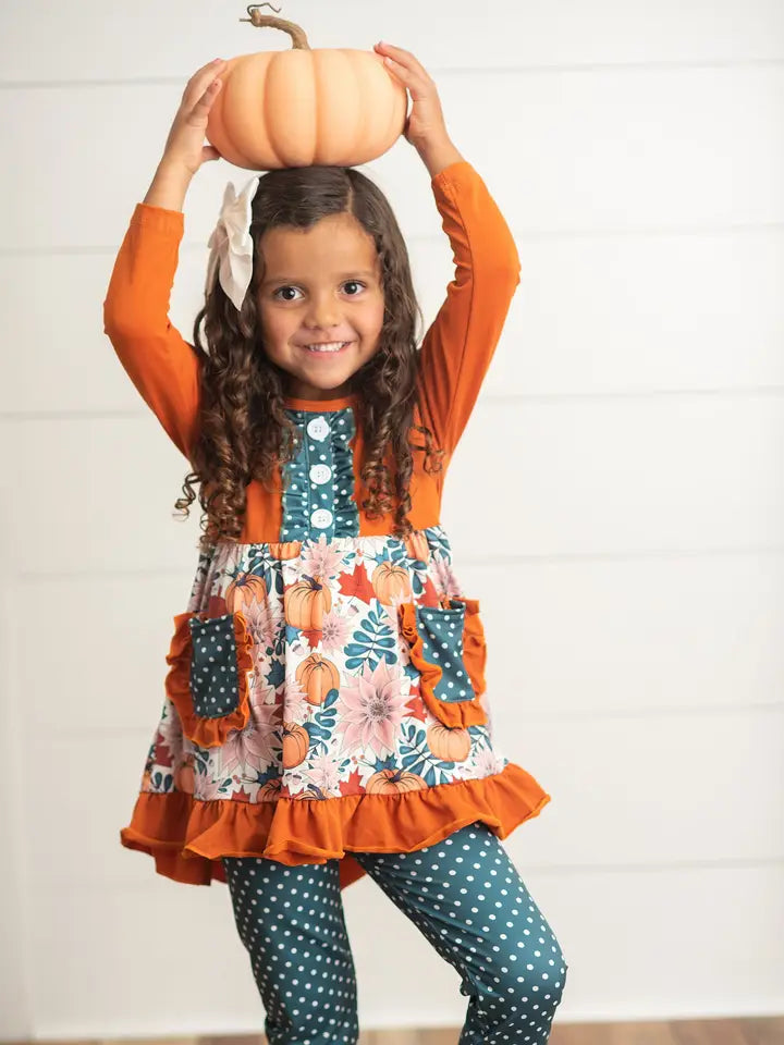 Kids Sage & Pumpkin Ruffle Pocket Polka Dot Fall Pant Set