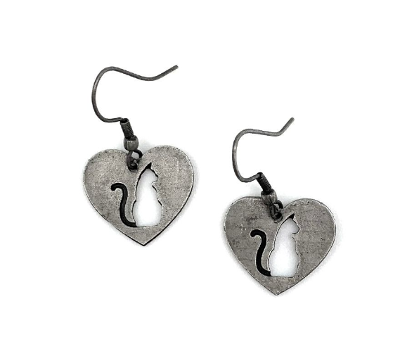 Pewter Earrings – Cat Silhouette in Heart