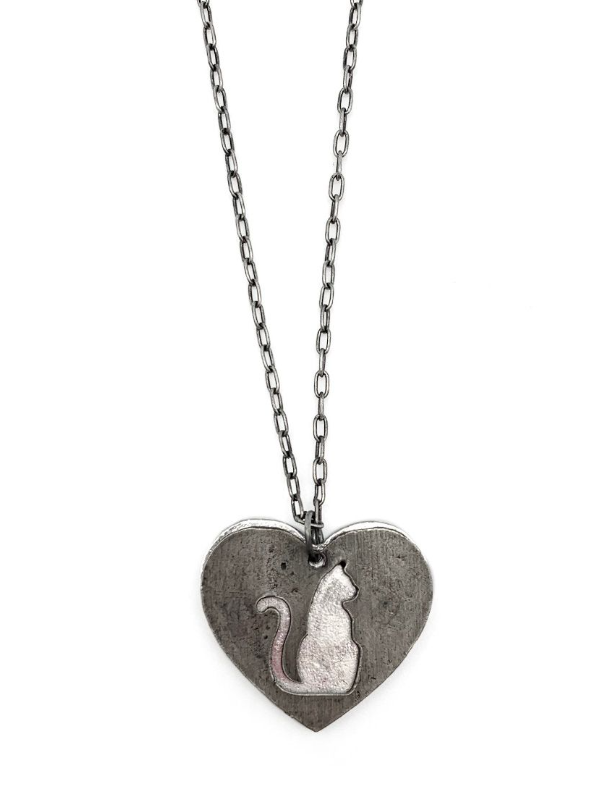 Pewter Necklace – Cat Silhouette in Heart