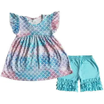 Blue Mermaid Scales Outfit Whimsical Sleeveless Shirt and Shorts - Kids Clothing