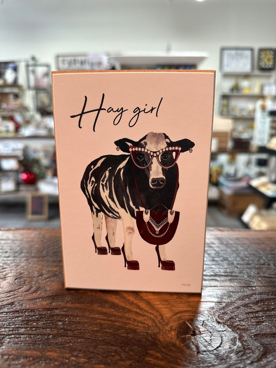 Hay Girl Cow Wooden Block Sign