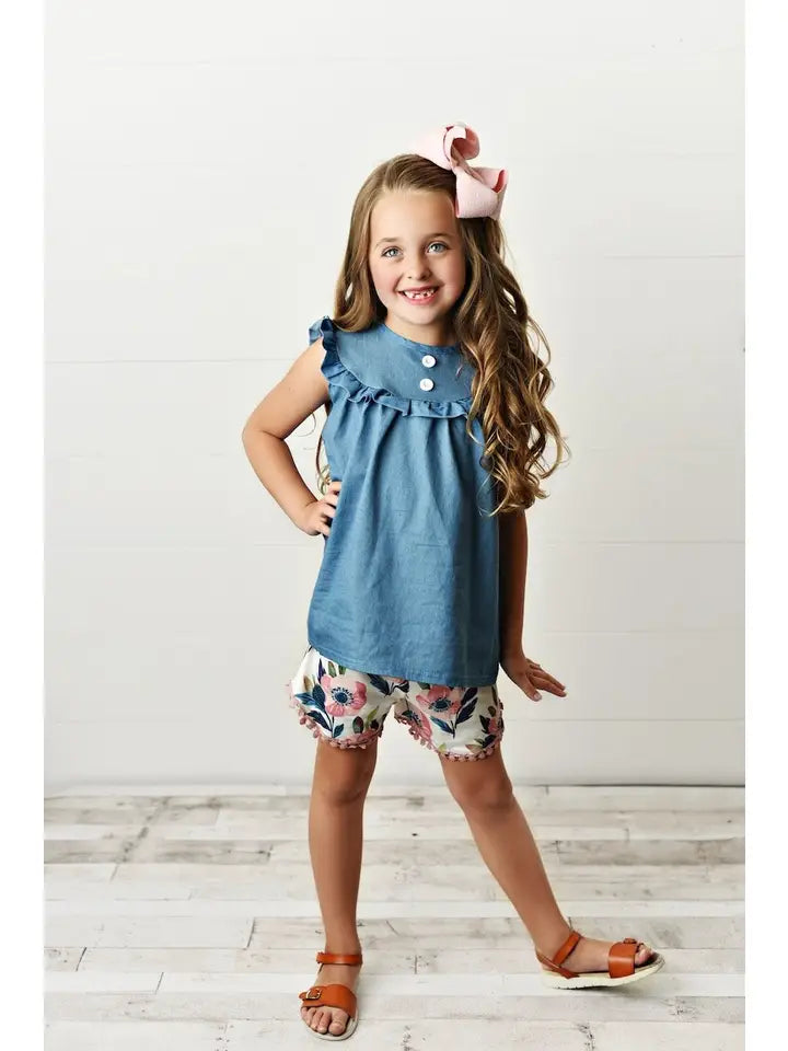 Kids Jean Flower Ruffle Button Short Set