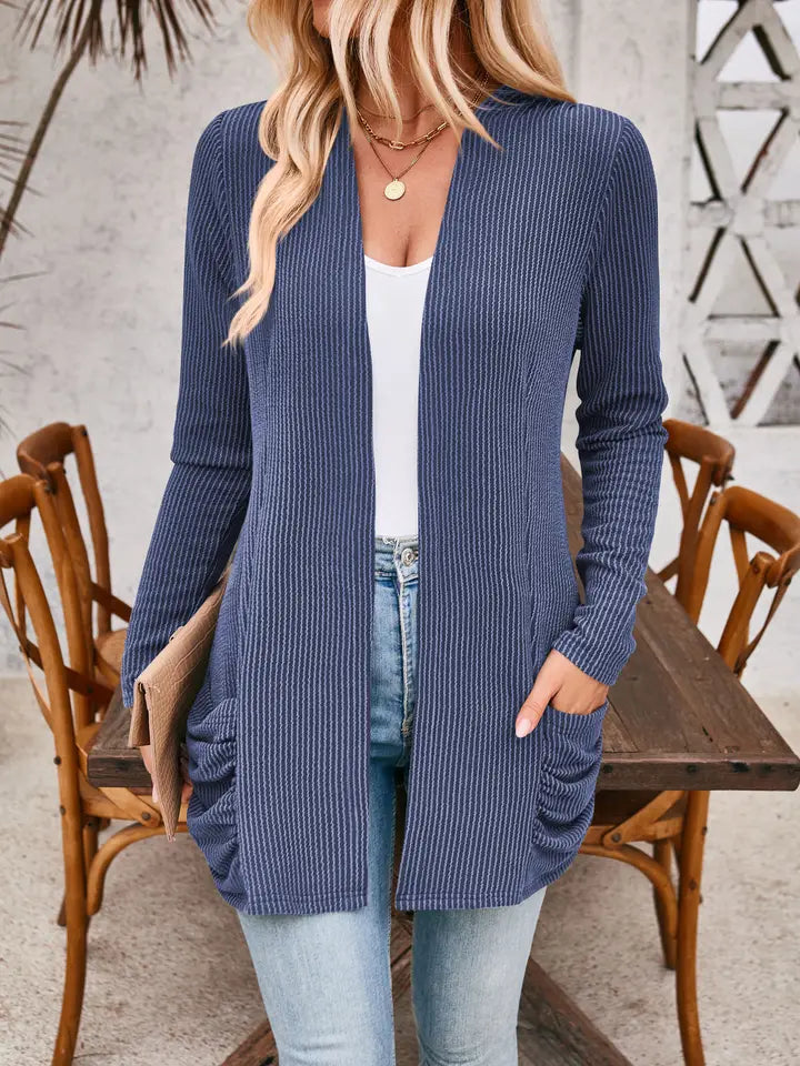 Casual Textured Pocket Long-Sleeved Cardigan - Blue