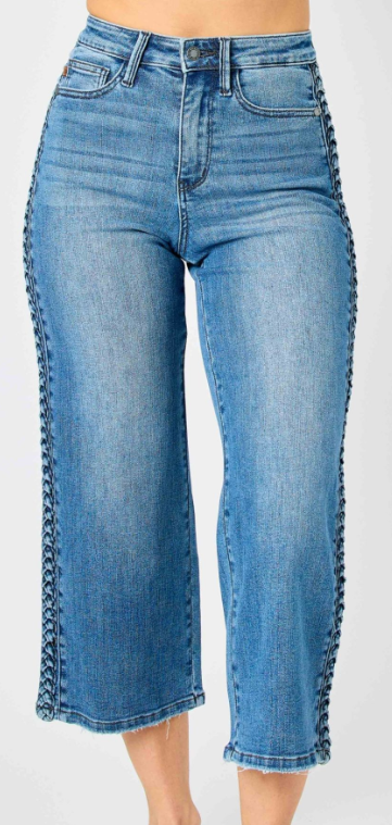 Judy Blue Denim High Waisted Braid Detail Cropped Wide Leg