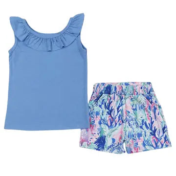 Summer Blue Periwinkle Floral Sleeveless Shirt Shorts Set