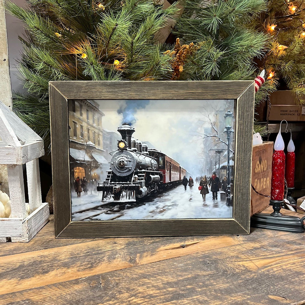 Yuletide Train Stop Lath Board Framed Art